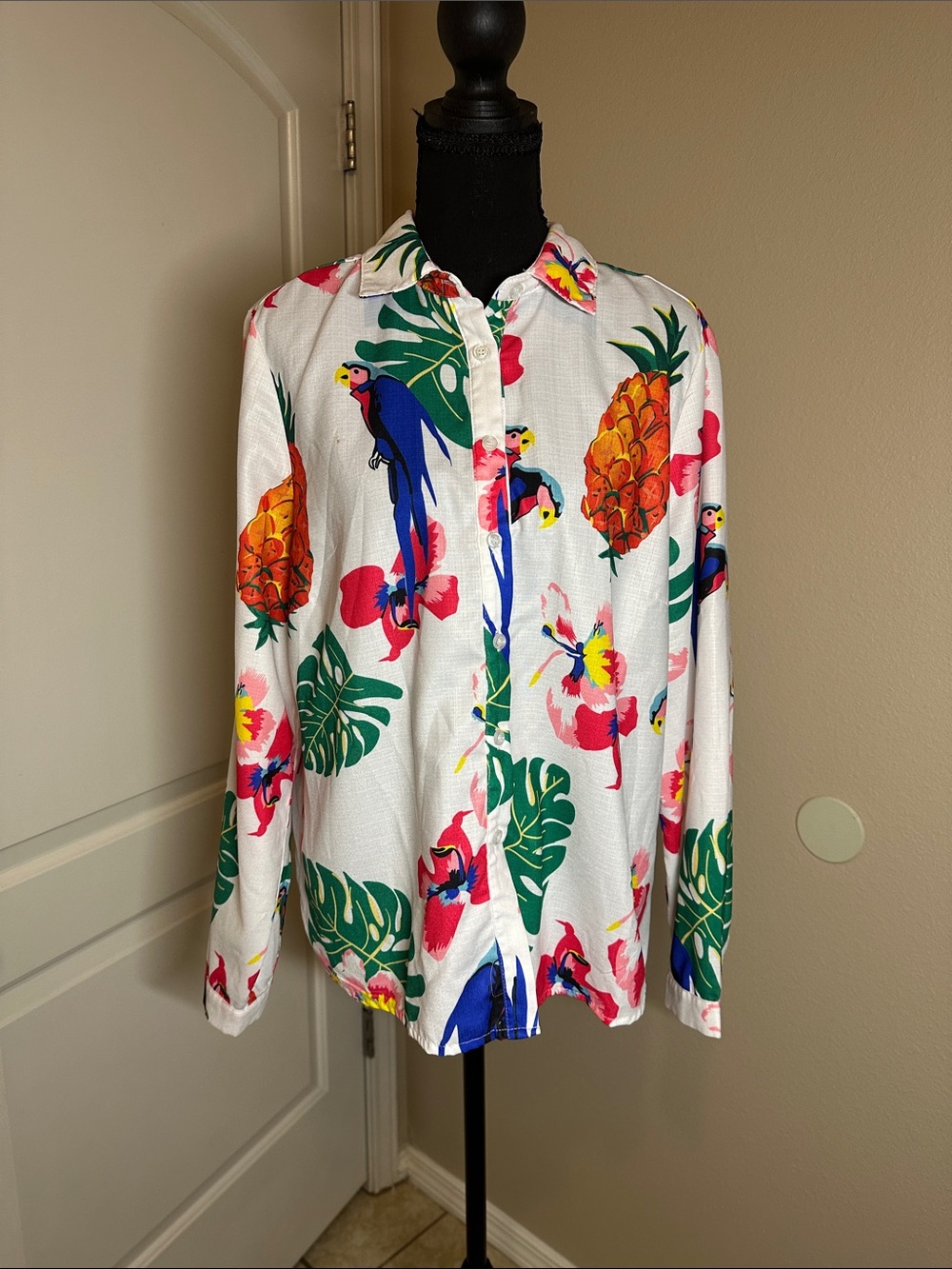 Tropical Parrot & Pineapple Button-Up Shirt - White Background